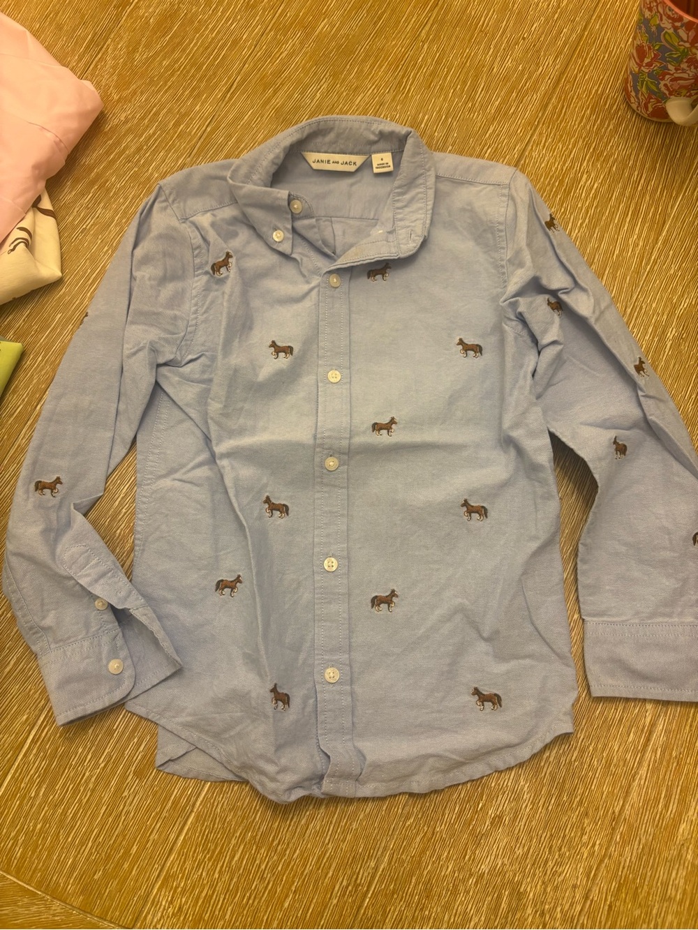 Janie and Jack Light Blue Button-Down Shirt with Horse Embroidery